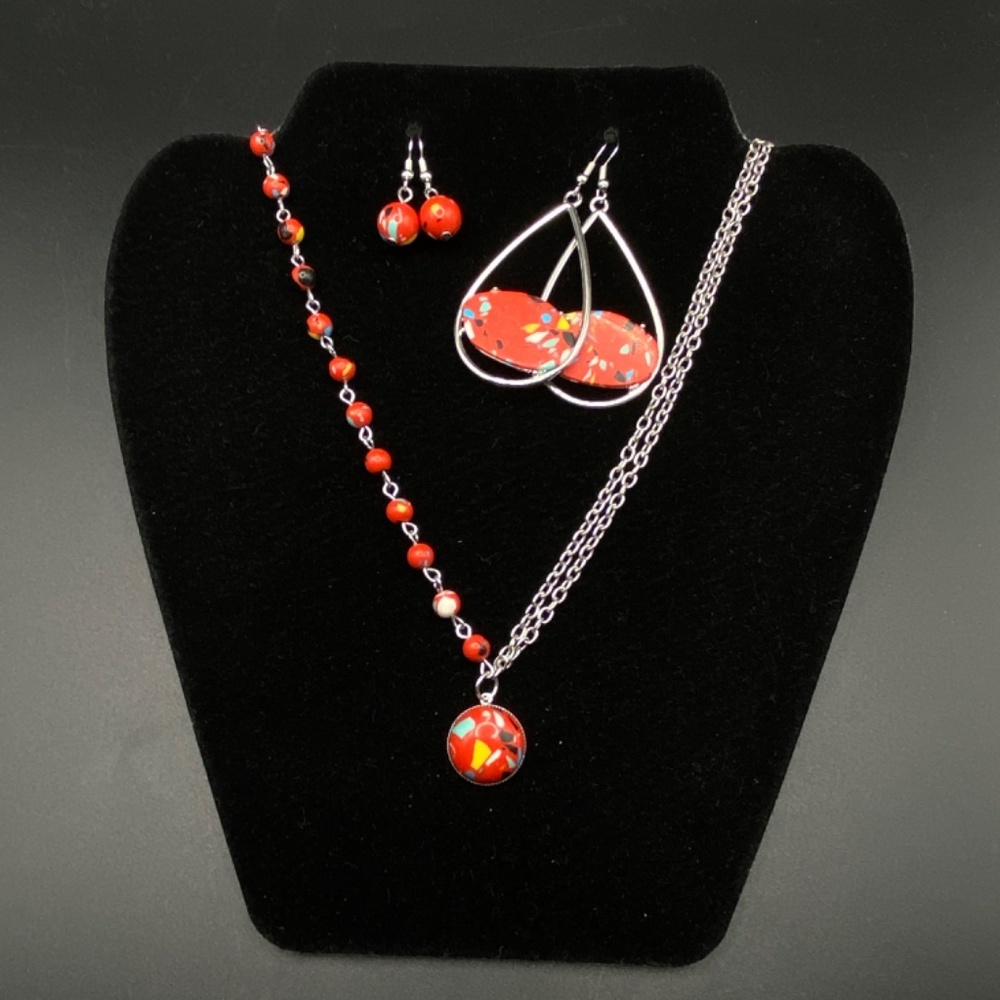Bright Red Abstract Papparazi Necklace & 2 Pairs Earrings Set
